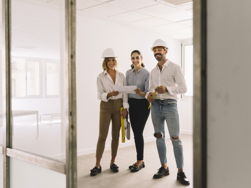 Um homem e duas mulheres sorriem, estão na parte interna de um cômodo de uma construção finalizada.