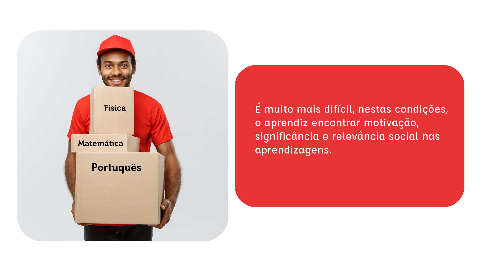 À esquerda, um homem negro sorri, usa boné e camiseta vermelha, carrega três caixas de papelão, na primeira em cima, Física, em baixo, Matemática e a última Português. À direita, em letras brancas sobre um retângulo vermelho: “É muito mais difícil, nestas condições, o aprendiz encontrar motivação, significância e relevância social nas aprendizagens.”