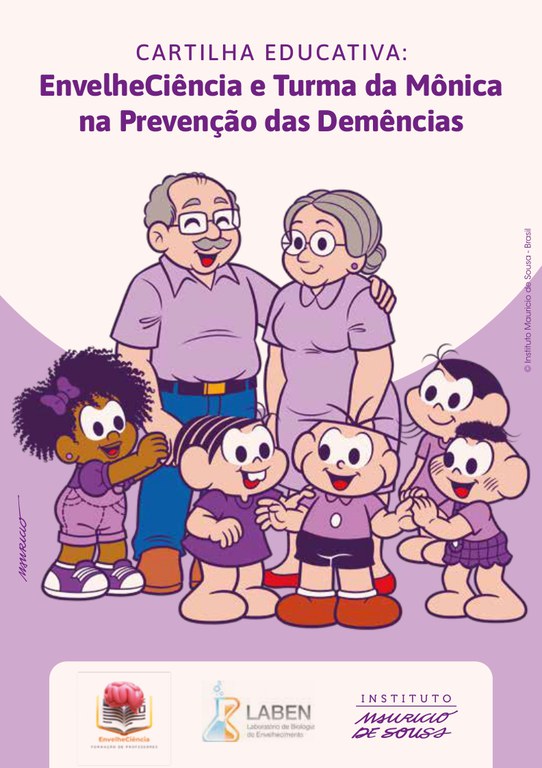 Imagem da Turma da Mônica juntos a um senhor e uma senhora idosa